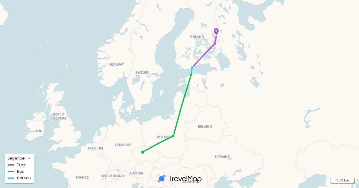 TravelMap itinerary: driving, bus, train, boat in Czech Republic, Estonia, Finland, Poland (Europe)